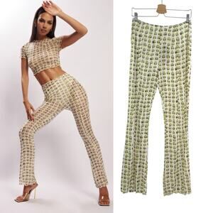 Meshki Nora Mesh‎ Straight Leg Pant Sheer Alien Print Cream Green Size XL